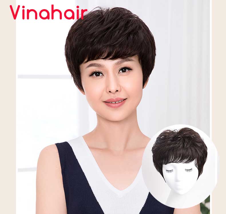 Tóc giả trung niên nguyên đầu tém xoăn mái xéo