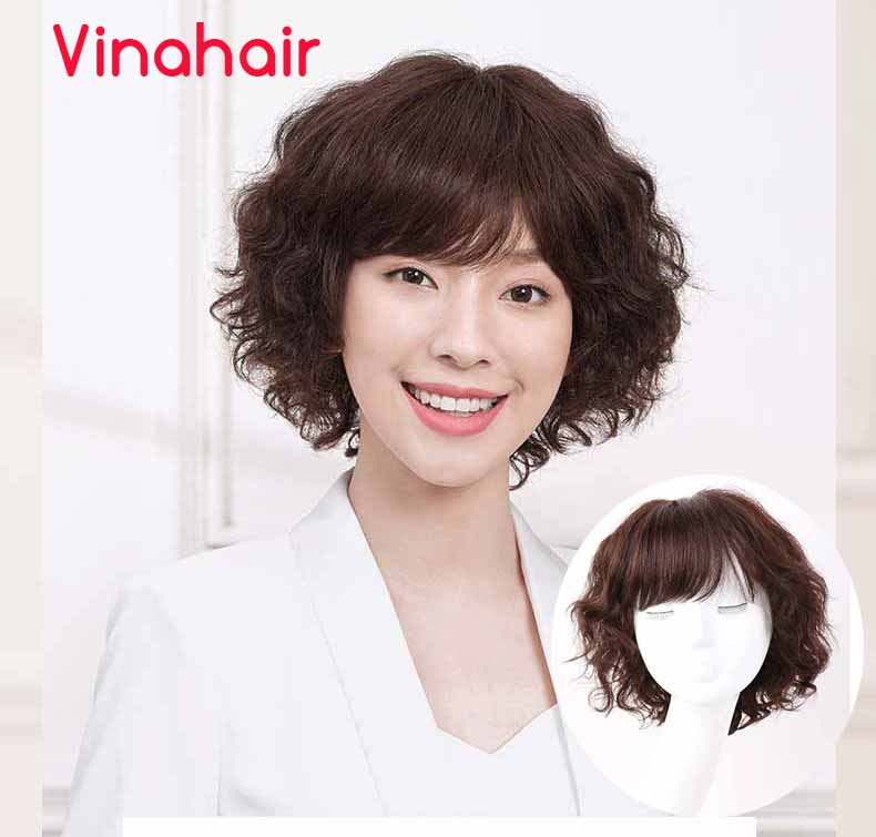 Tóc giả nguyên đầu ngang vai xoăn bồng bằng tóc thật