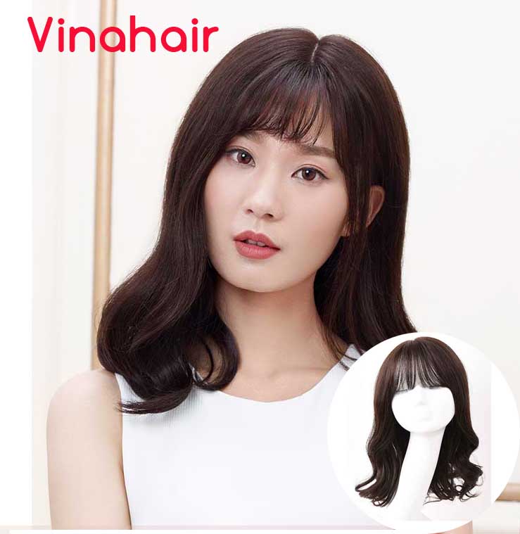 Tóc giả nguyên đầu xoăn lơi có mái bằng tóc thật