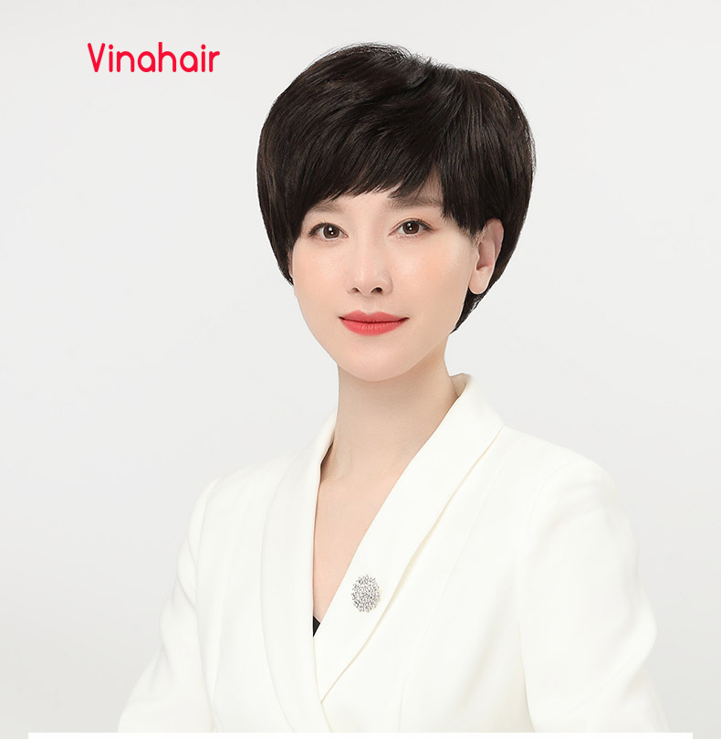 Tóc giả nữ nguyên đầu tém nâu thẳng có da đầu
